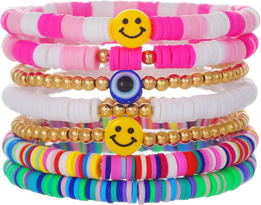 Friendship Bracelets for Women - Heishi Surfer Colorful Smile Evil Eye Clay Beaded Stretch Bracelets Elastic Layering - Stackable Boho Disc Y2K Aesthetic Summer Jewelry Set.