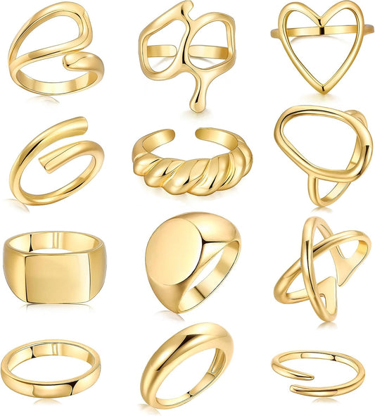 FAXHION 12PCS Gold Stackable Rings Set for Women, 18K Gold Plated Open Stacking Knuckle Ring, Adjustable Chunky Signet Band Statement Ring for Gift