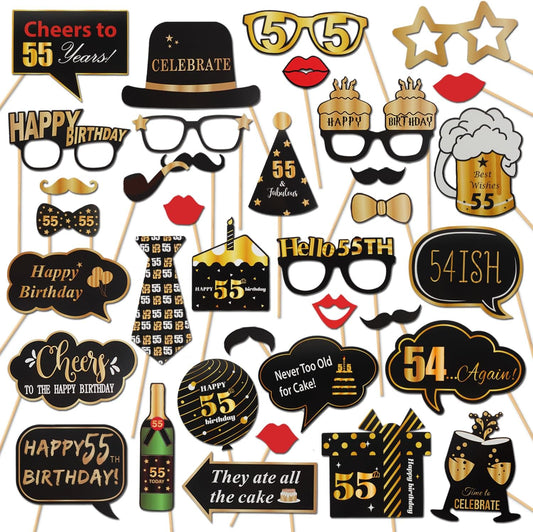 LINGTEER Happy 55th Birthday Party Photo Booth Props, Cheers to 55th Birthday, 36pcs Paper Photo Booth Props, Gold Color, Letter Print Pattern