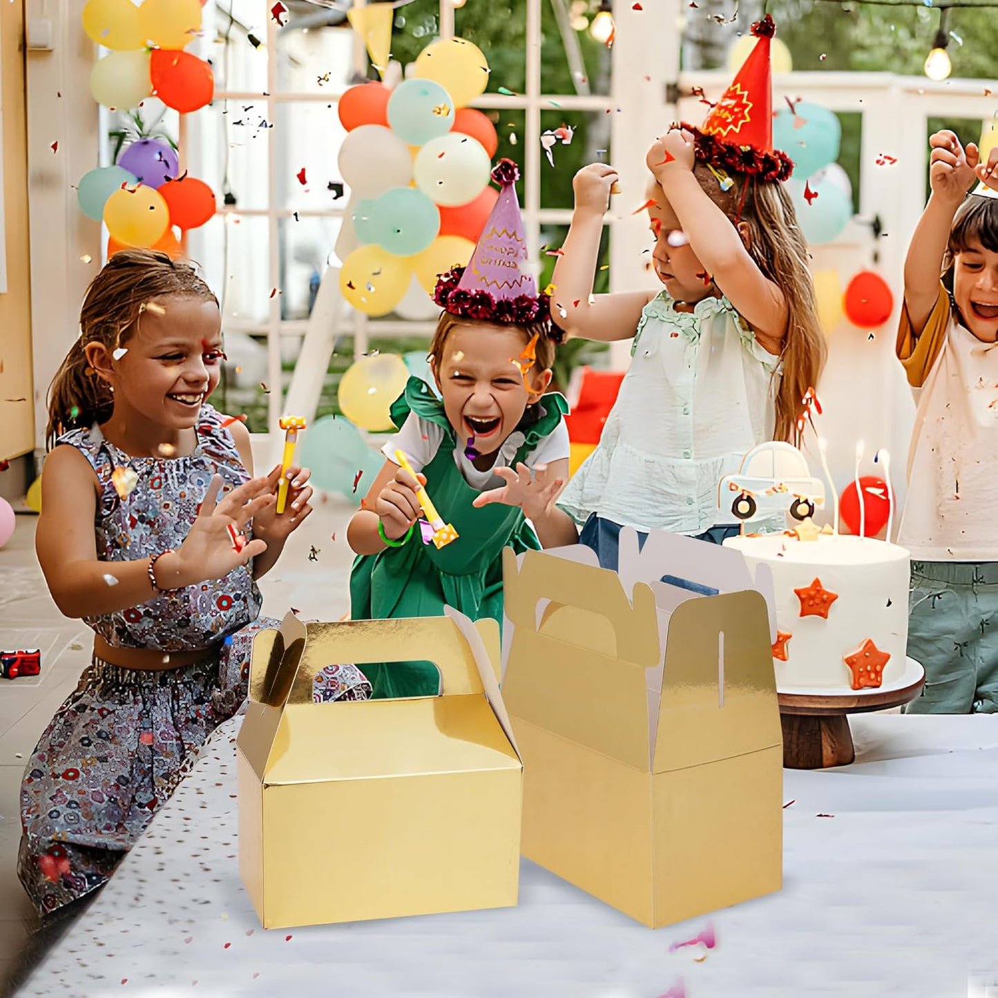 XAGLVV 24 Pack Gold Gable Boxes with Handles 6.2x3.5x3.5 Inch Paper Party Favor Gift Box for Wedding Birthday Baby Shower Graduation