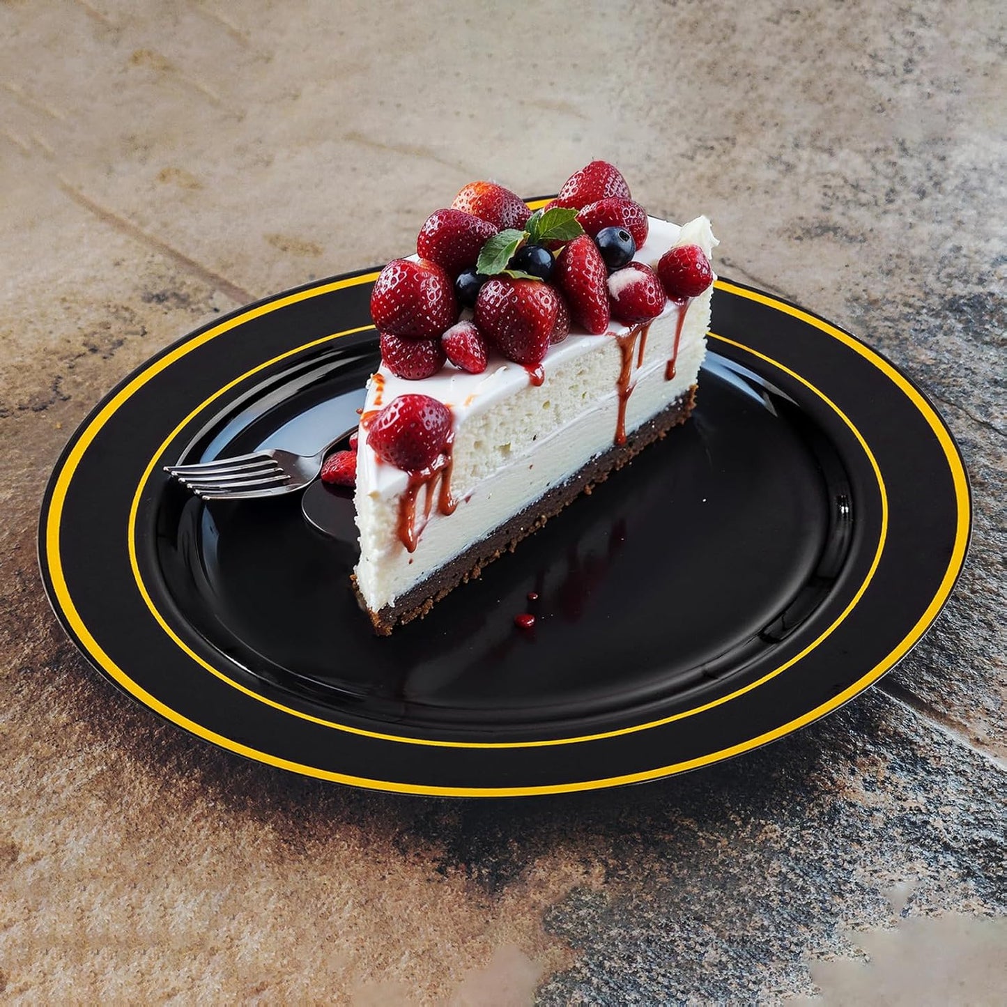 bUCLA 100PCS Black and Gold Plastic Plates - 6.25 inch Black Gold Premium Hard Disposable Dessert/Salad/Appetizer/Small Cake Plates for Party, Graduation & New year