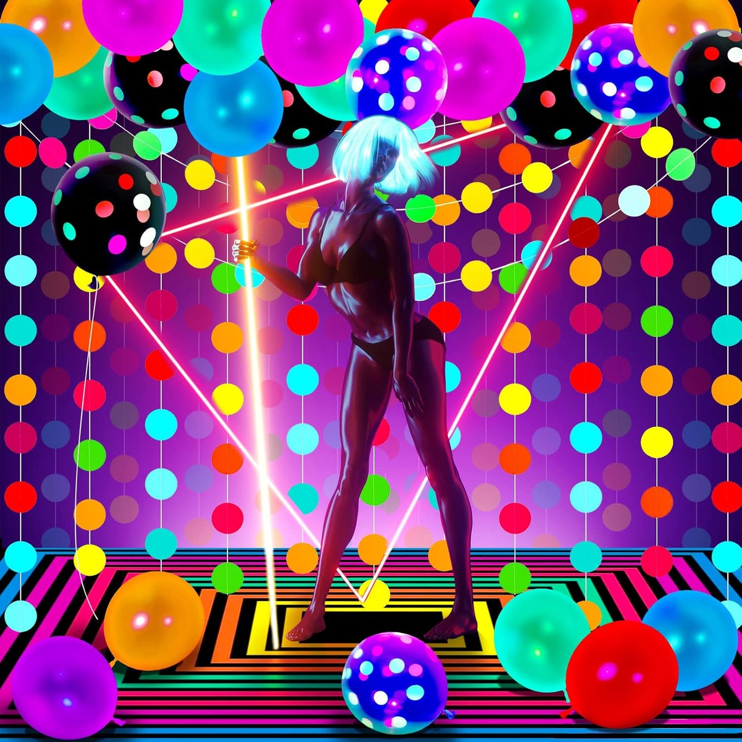 32 Pcs Glow in The Dark Party Supplies Christmas Neon Party Favors with 25 Fluorescent Balloon 6 Rolls 98.4 ft UV Blacklight Luminous Tape 14.4 ft Neon Streamer Garland for Adults(Classic Big Dot)