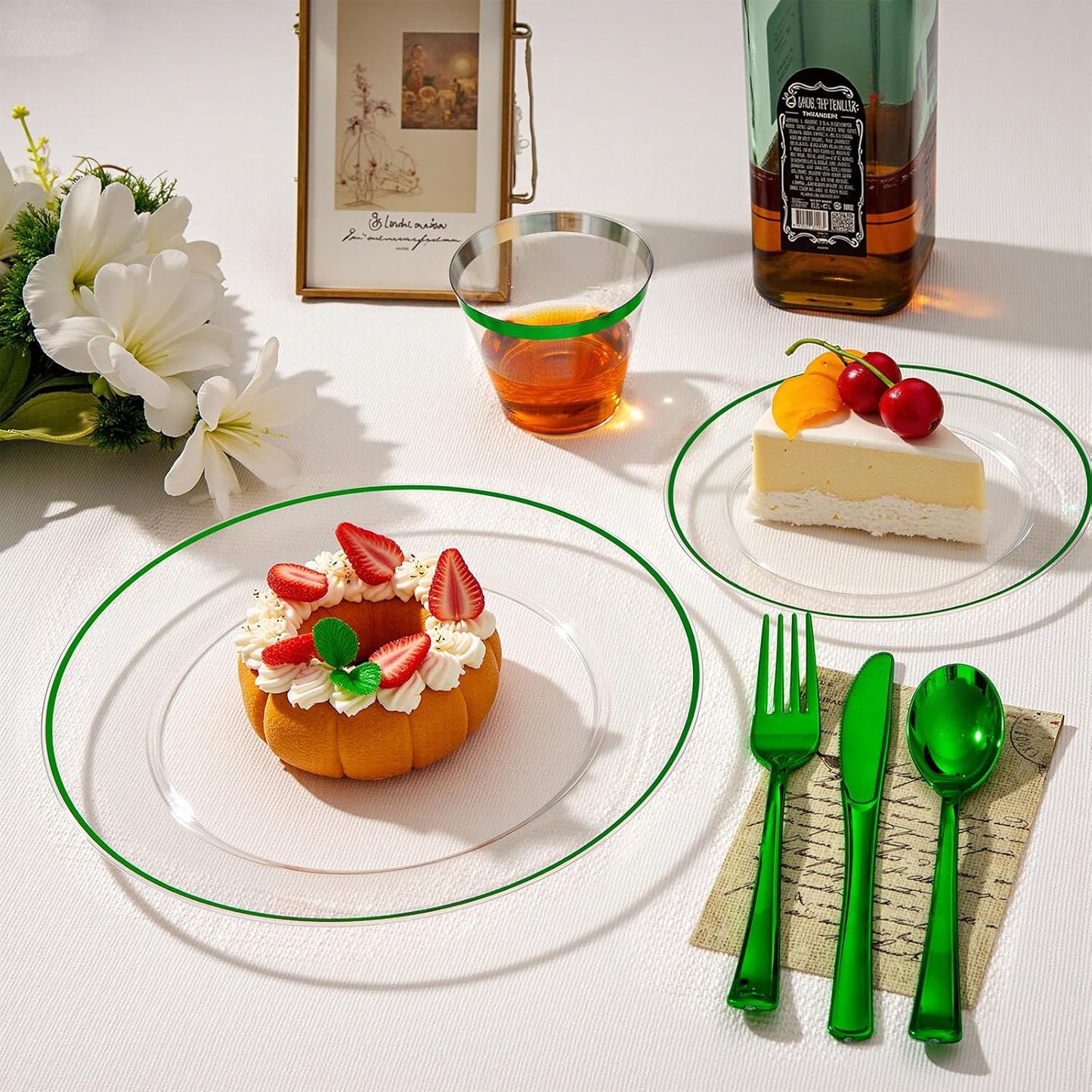 SUT 175 Pcs Green and Clear Plastic Dinnerware Set for 25 Guests, Include: 25 Dinner Plates, 25 Dessert Plates, 25 Pre Rolled Napkins With Silverware, 25 Cups, Disposable Plates for Party, Christmas