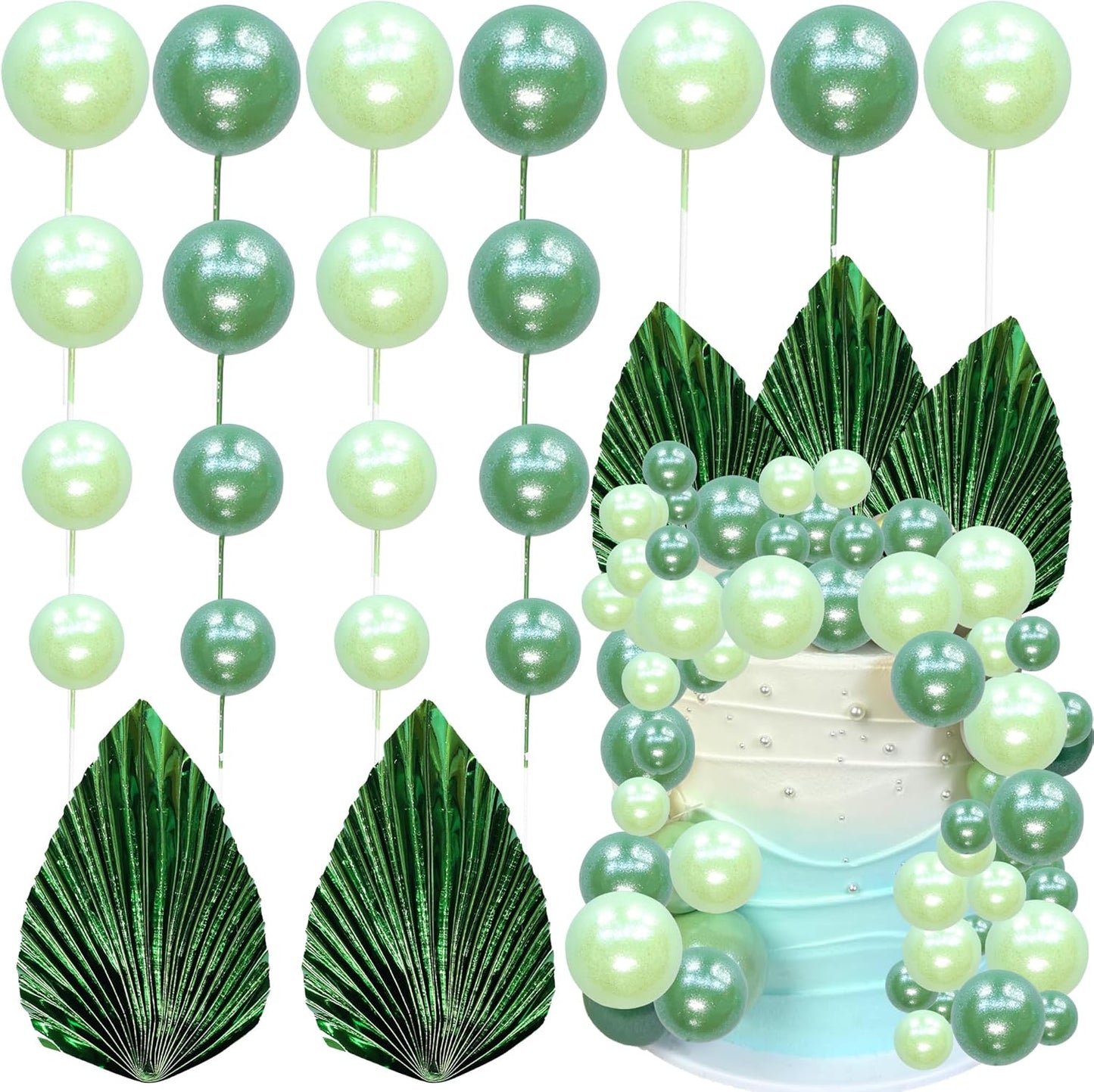 Ephlyn 28Pcs Paper Palm Fan Cake Topper Balls Cake Pick Wedding Bridal Shower DIY Cake Decorations for Baby Shower Wedding Birthday Anniversary Party Supplies Light Green