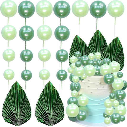 Ephlyn 28Pcs Paper Palm Fan Cake Topper Balls Cake Pick Wedding Bridal Shower DIY Cake Decorations for Baby Shower Wedding Birthday Anniversary Party Supplies Light Green
