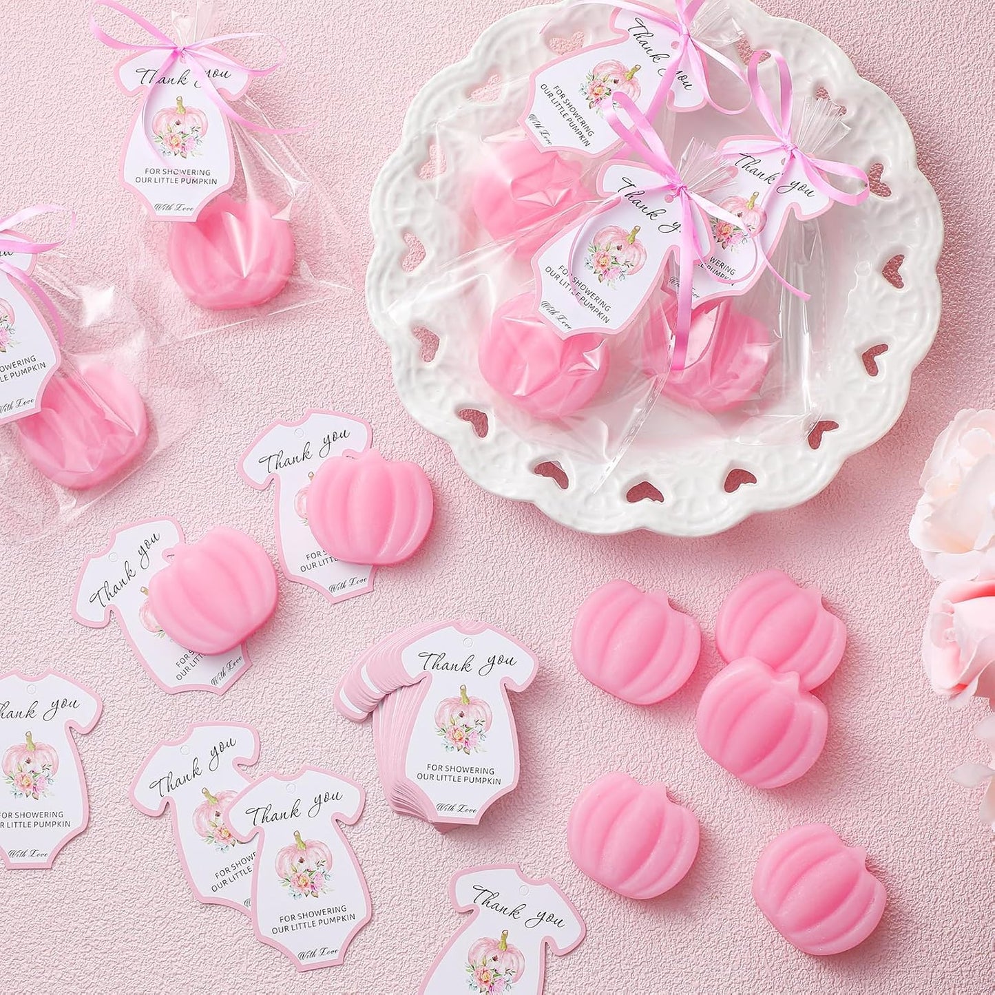 48 Sets Thanksgiving Pumpkin Soap Baby Shower Favor Thanksgiving Bridal Shower Favors Mini Pumpkin Soap Thanks Card Gift Bag with Ribbon for Autumn Guest Wedding Party Decor Gifts(Pink)