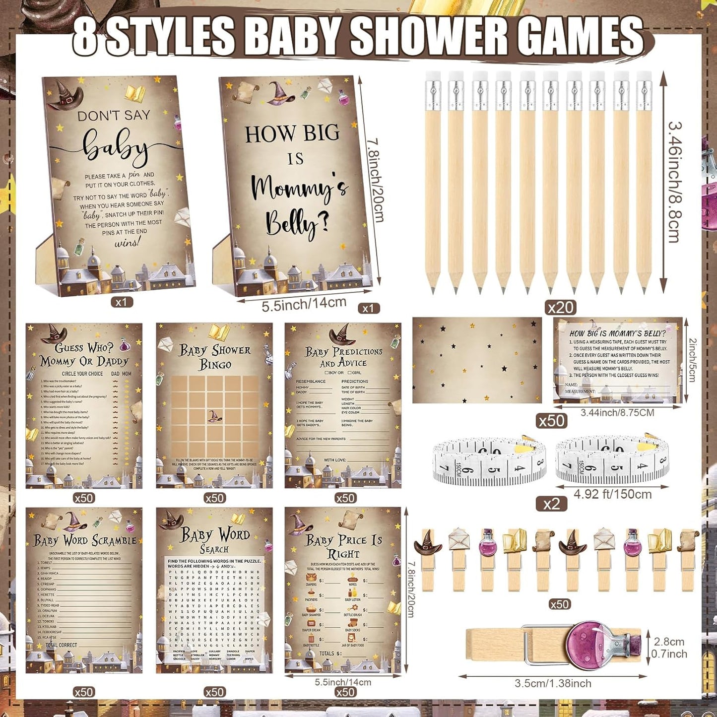 426 Pcs Magical Wizard Baby Shower Games Set-8 Games, Includes Baby Shower Bingo, Price, Guess Who, Word Scramble, Prediction and Advice, How Big is Mommy's Belly, Don't Say The Words