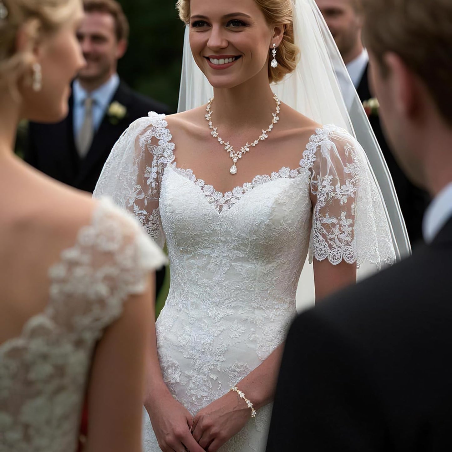 BriLove Wedding Jewelry Set for Women Bride, Y-Necklace Tennis Bracelet Dangle Earrings Crystal Teardrop Marquise Cluster for Bridal Bridesmaid