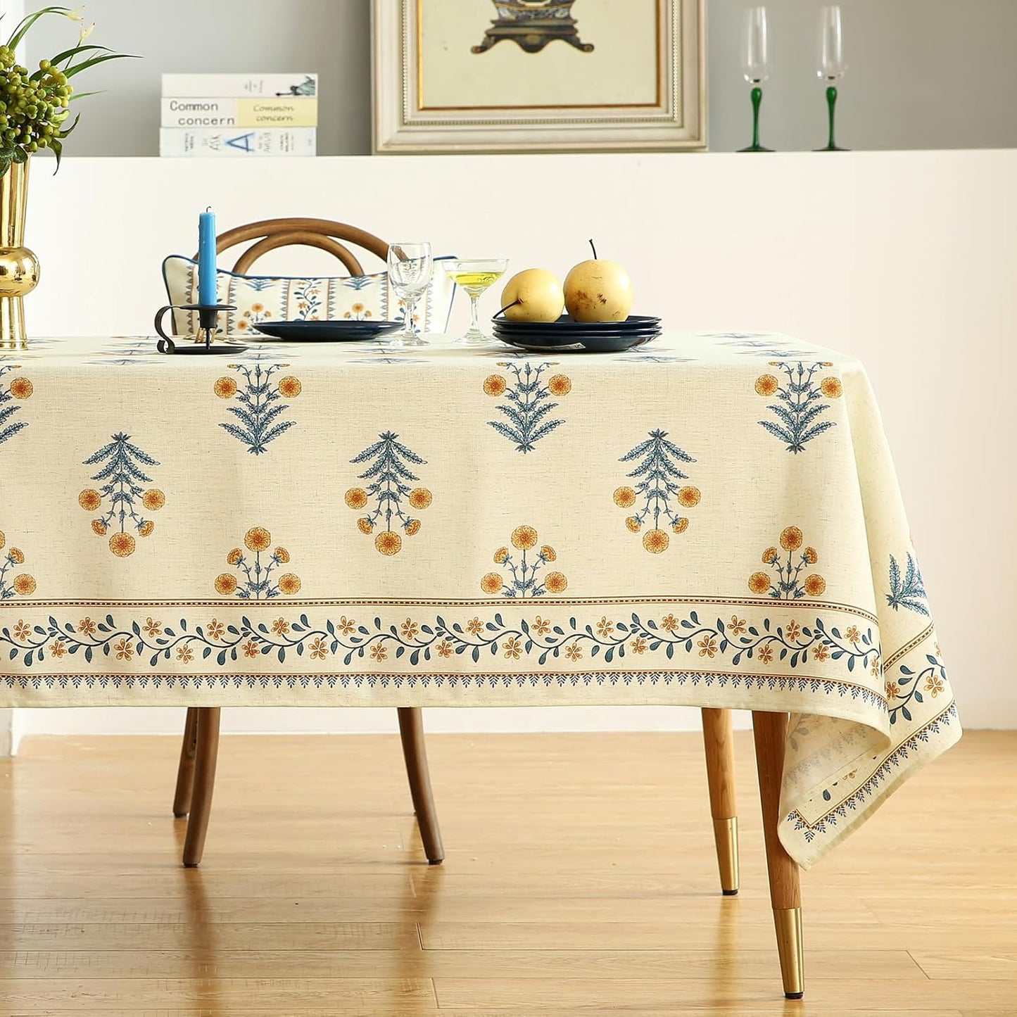 ISAENNE Designer French Pale Yellow Small Rectangular Tablecloth,Linen Floral Table Cloth,Wrinkle Resistant Decor Tablecloths for Dining Thanksgiving Banquet Kitchen Party,55"*71"-Estevan A