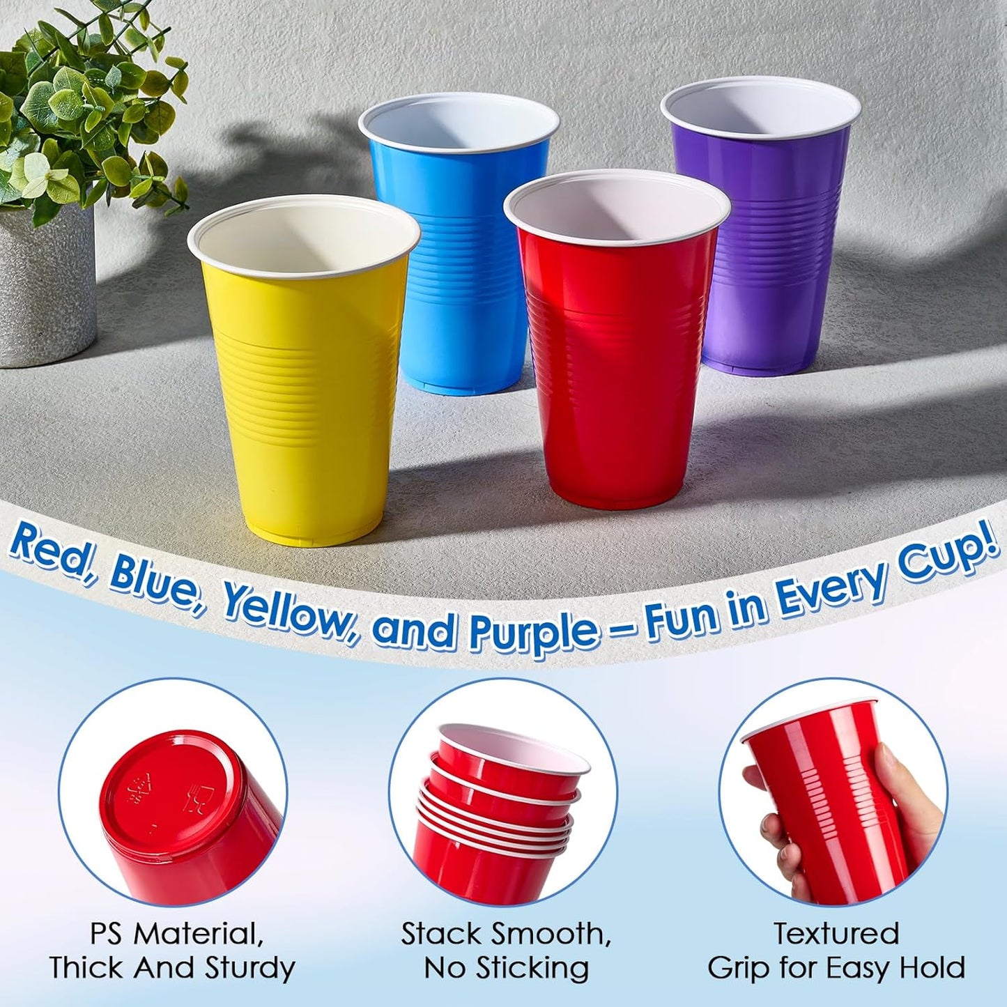 Lilymicky 200 Pack 16 oz Disposable Plastic Cups, Assorted Color Plastic Party Cups for Parties, Events, Game and BBQ