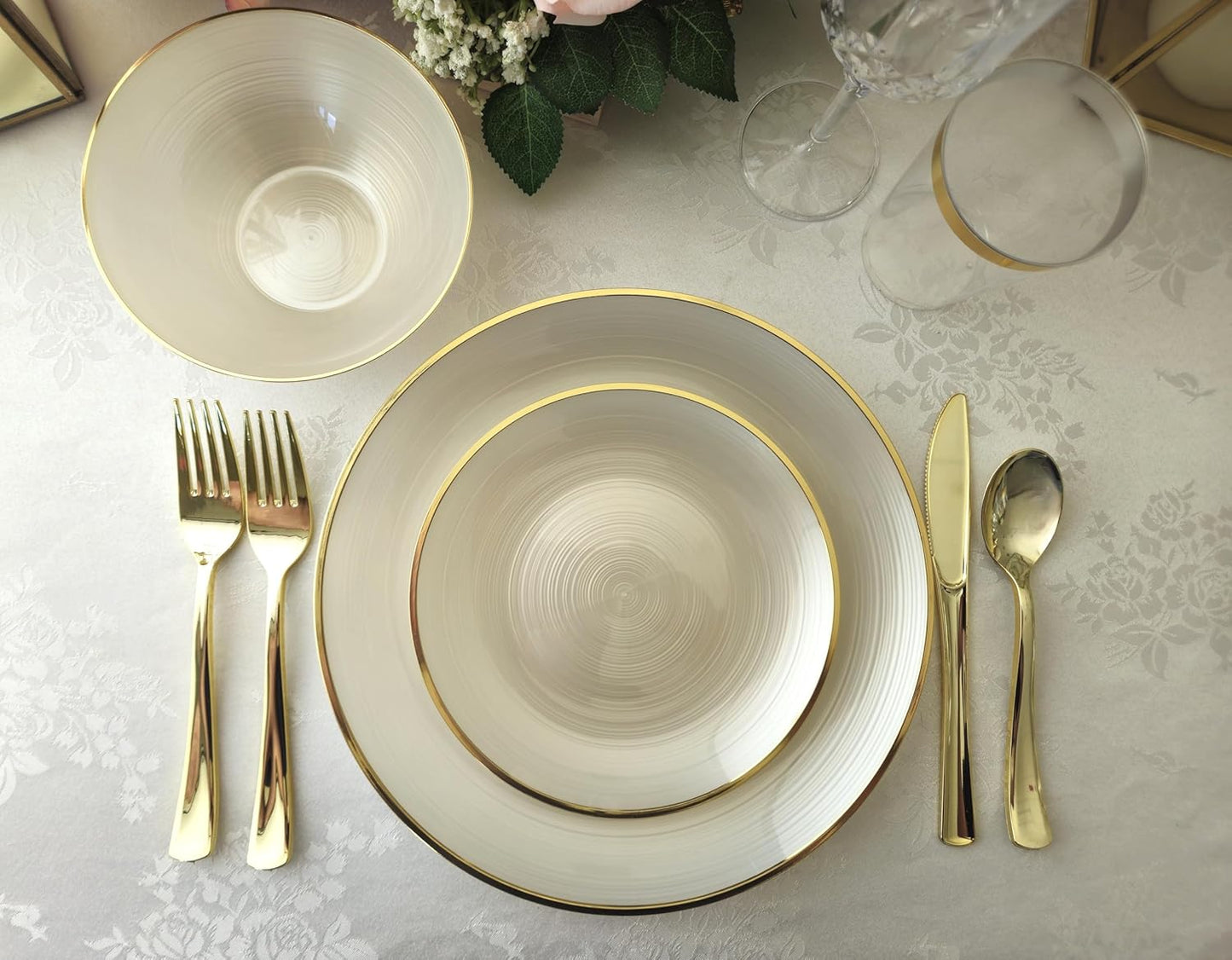 " OCCASIONS " 120 Plates Pack,(60 Guests) Premium Wedding Party Disposable Plastic Plates Set -60 x 10'' Dinner + 60 x 7'' Salad/Dessert (Belize in Ivory & Gold)