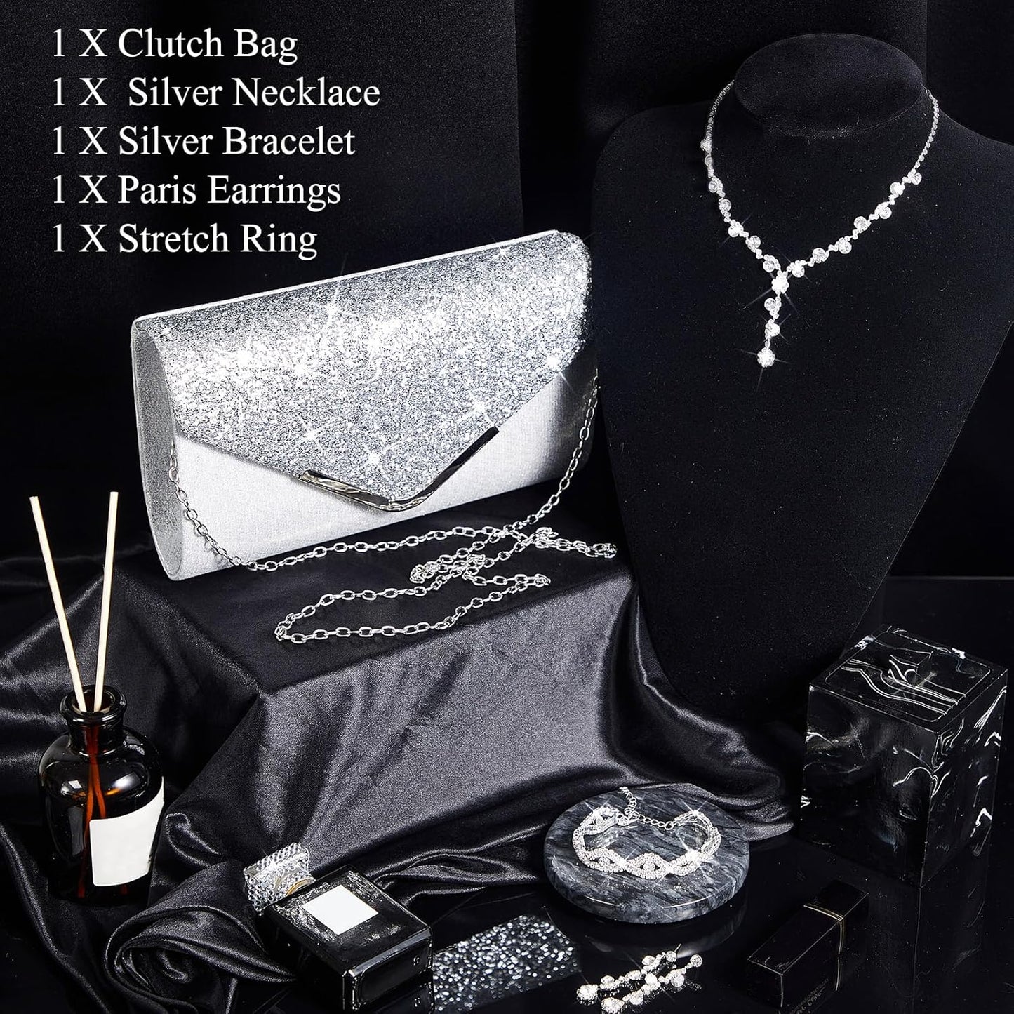 Henoyso 5 Pcs Purse Rhinestone Jewelry Set Prom Jewelry Rhinestone Clutch Purse Necklace Earrings Bracelets for Women Bride