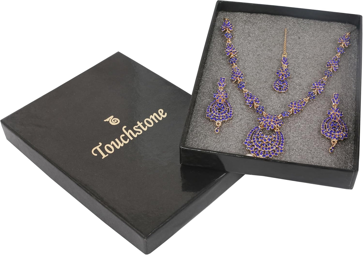 Touchstone Indian jewelry sets for women maang tikka wedding guest gold necklace bollywood jewellery set pageant elegant prom bride accessories western crystal chunky rhinestone necklaces