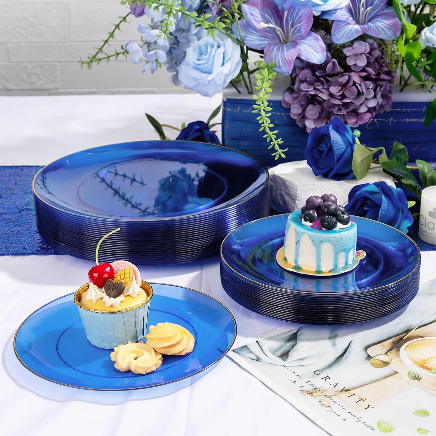 YOUBET 175PCS Clear Blue Plastic Plates - Blue and Gold Disposable Plates Include 50 Plate, 75 Silverware, 25 Cups, 25 Napkins for Wedding & Party