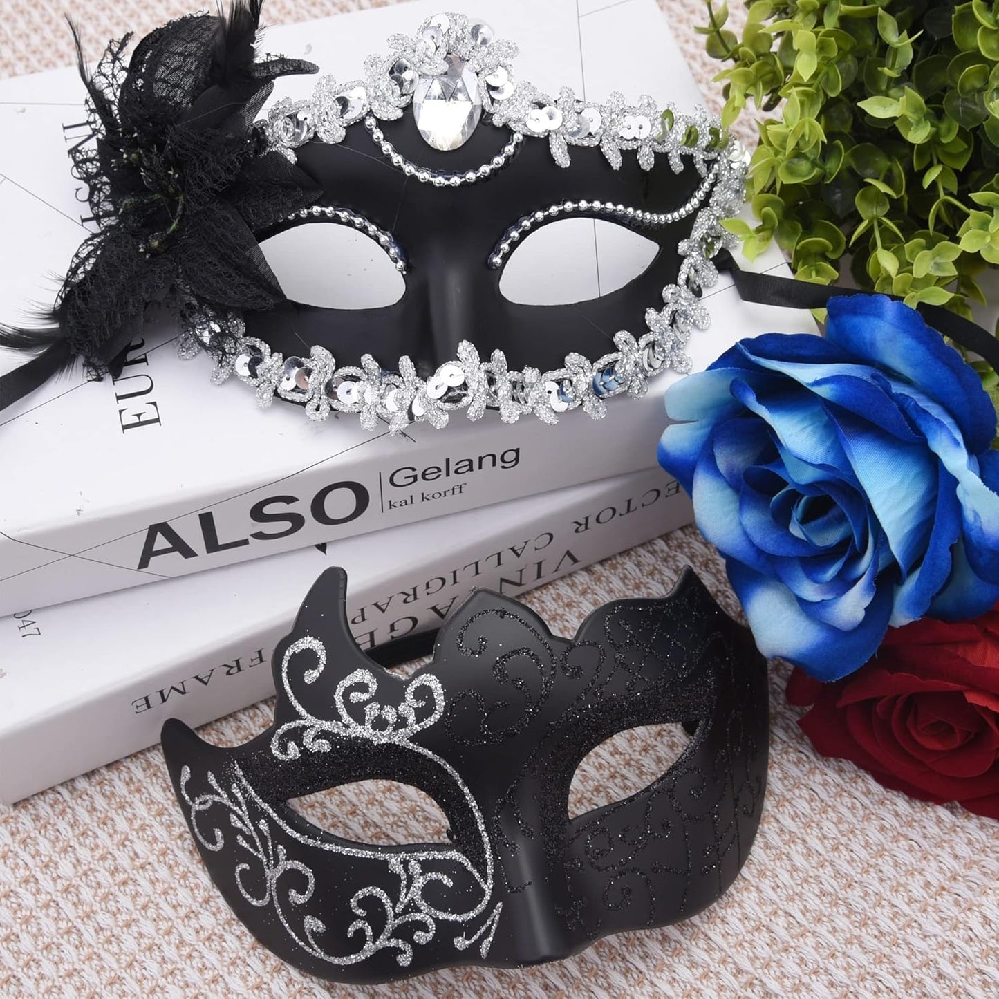 SIQUK Couple Masquerade Masks Set Venetian Party Mask Plastic Halloween Costume Mask Mardi Gras Mask for Women and Men
