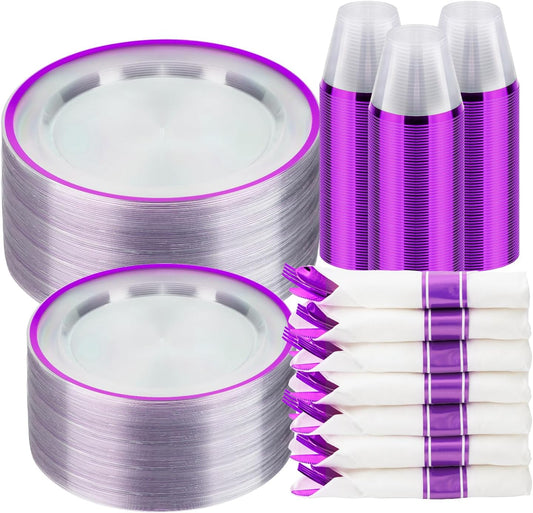 350PCS Clear and Purple Disposable Plates Set for 50 Guests, 100 Plastic Plates, 50 Plastic Cups, 50 Pre-Rolled Napkins with Cutlery for Party, Birthday, Wedding, Thanksgiving, Christmas