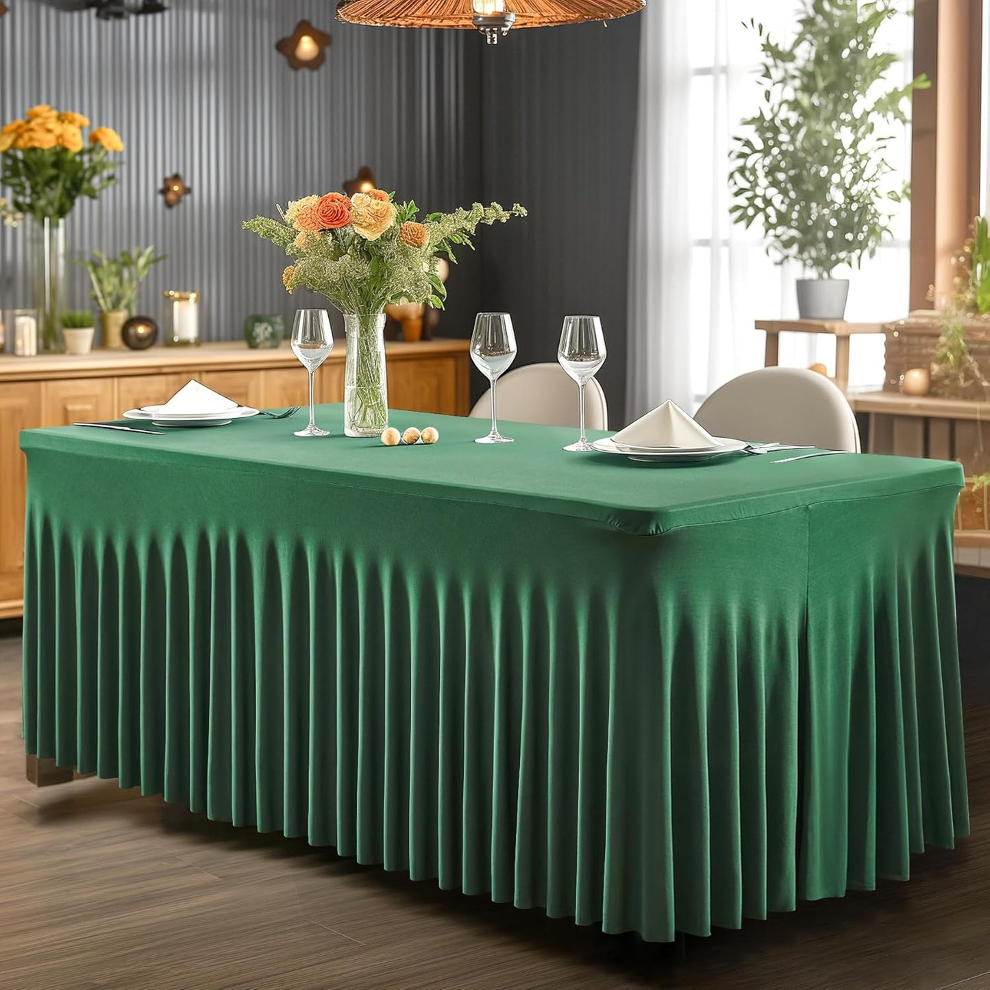 2 Packs Green Table Clothes for 6 Foot Rectangle Tables, One-Piece Wrinkle Resistant Stretch Spandex Table Covers Christmas Table Skirt for Event Banquet Wedding Birthday Party