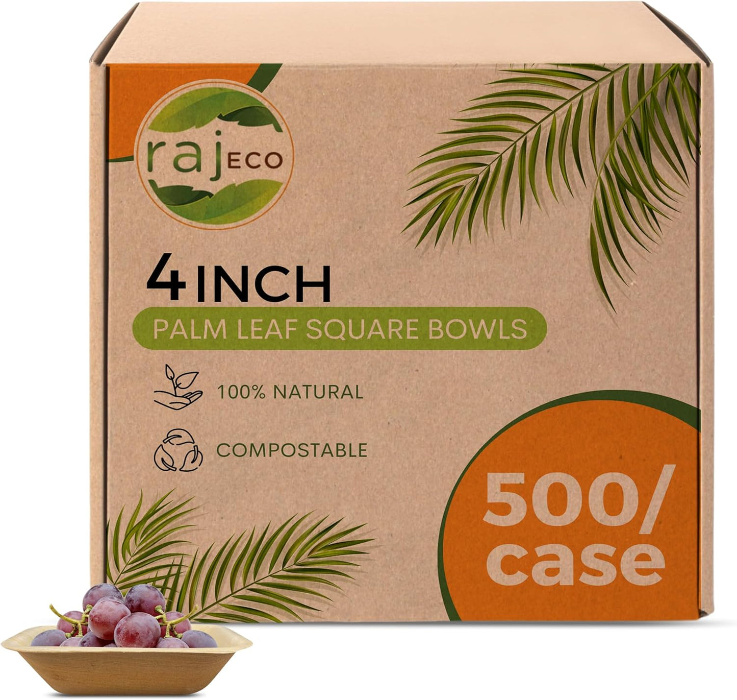 Raj Palm Leaf Bulk Bowls [50-Pack] 4" Square Bowls (10 CASES - 500 PACK) like Bamboo bowls Disposable, Strong, Decorative Compostable Tableware for weddings, Camping, Outdoor