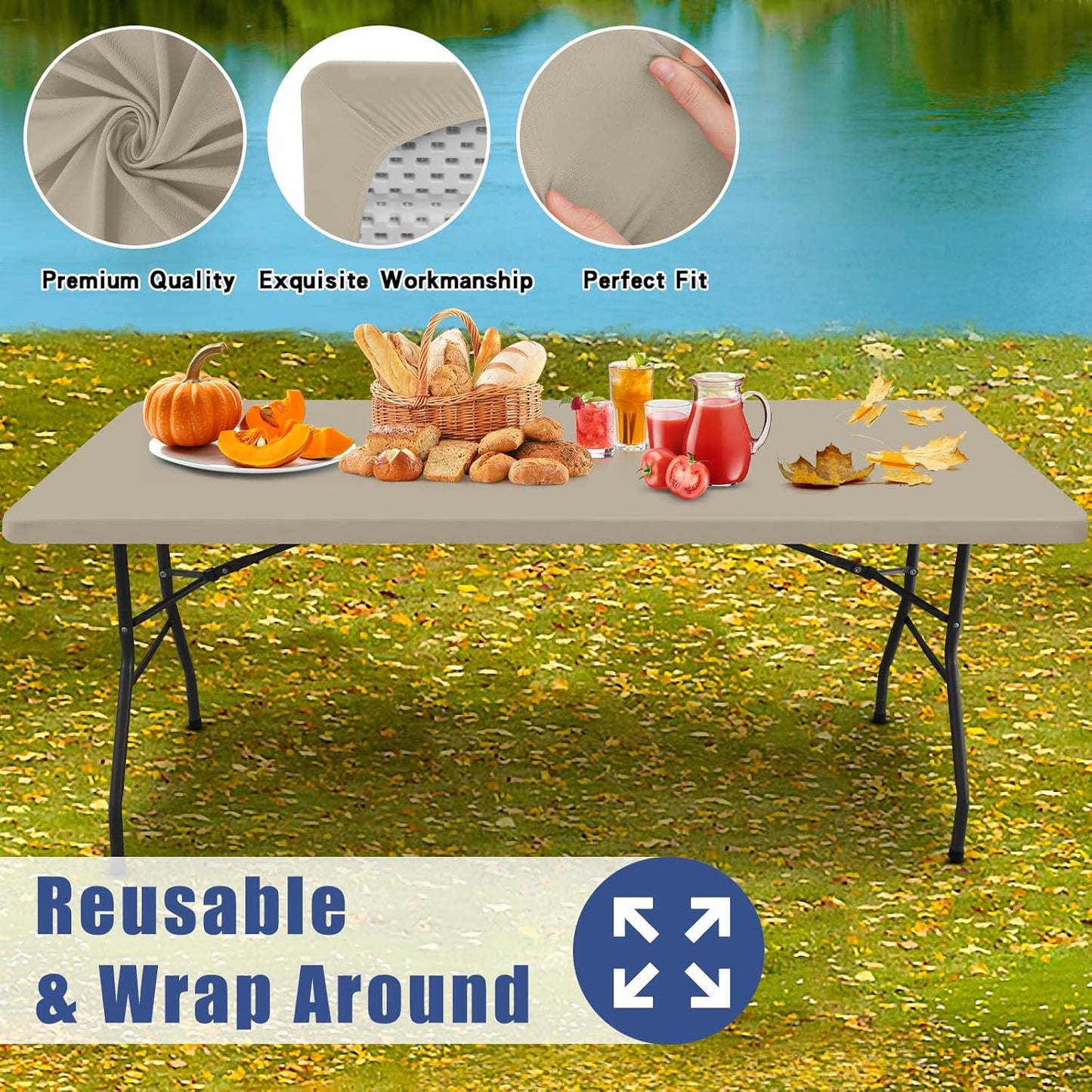 Spandex 8 Foot Rectangle Table Cloth 2 Pack, Elastic Fitted Tablecloths for Picnic, Stretch Washable Patio Table Cover for Outdoor, Camping, Banquet and Parties (Taupe, 30"x96")