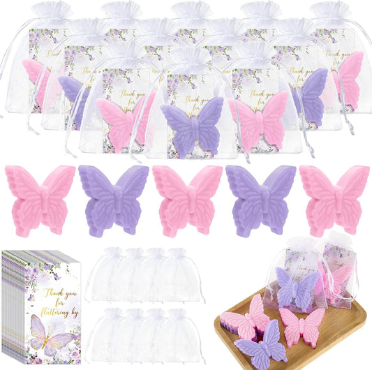 Dunzy 30 Sets Butterfly Theme Baby Shower Favors for Guests Christmas Butterfly Soap Favors with Thanks You Cards Gender Reveal Baptism Party Decorations Wedding Bridal Souvenirs (Purple,Pink)