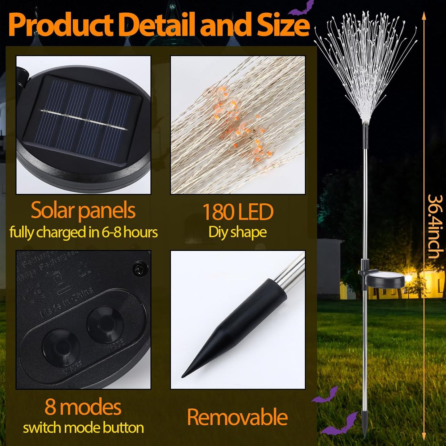 4 Pack Christmas Solar Firework Lights Decorations Garden Pathway Solar Power Light Stake Waterproof Landscape Lamp with 180 LED 8 Modes for Christmas Party Decoration(Green, Orange, Purple)