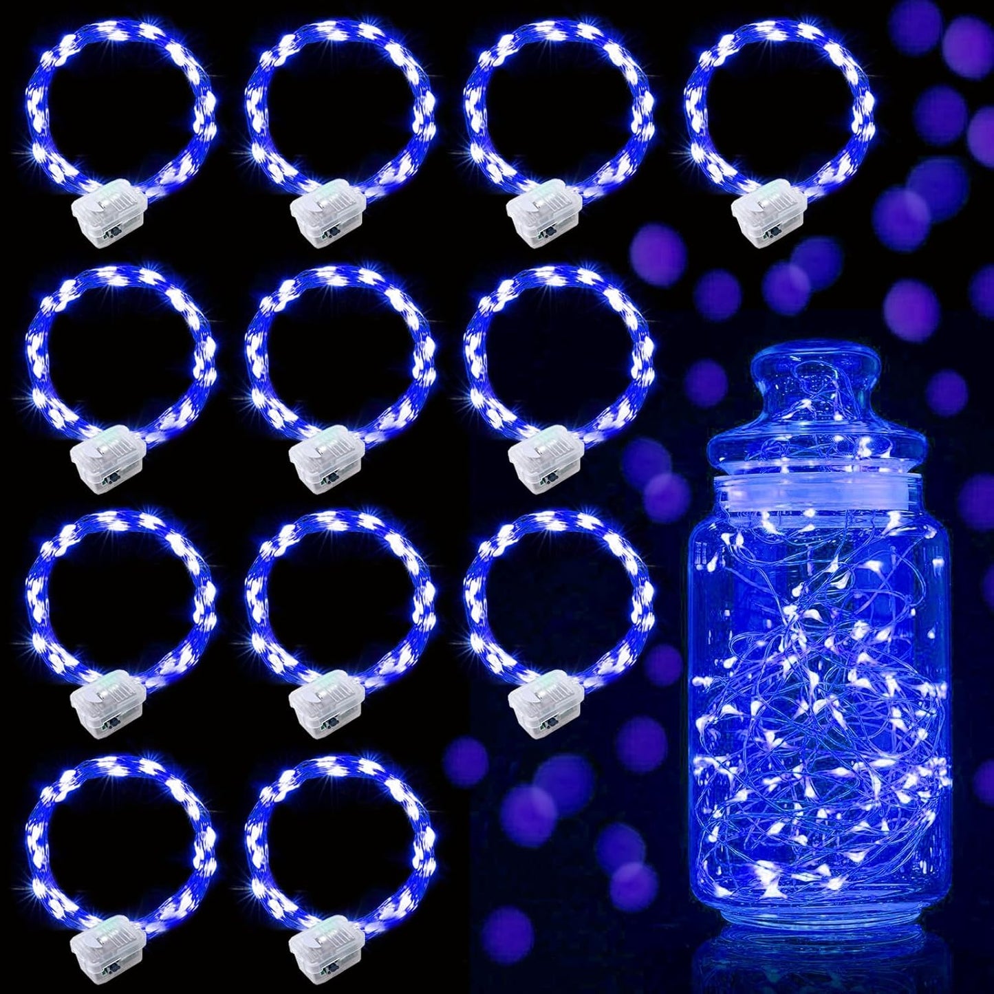 Aogist 12 Pack Fairy Lights 3 Modes 7ft 20 LED Waterproof,Battery Operated Silver Wire Firefly Starry Moon Mini String Lights for Mason Jars Christmas DIY Crafts Wedding Party Bedroom,Blue