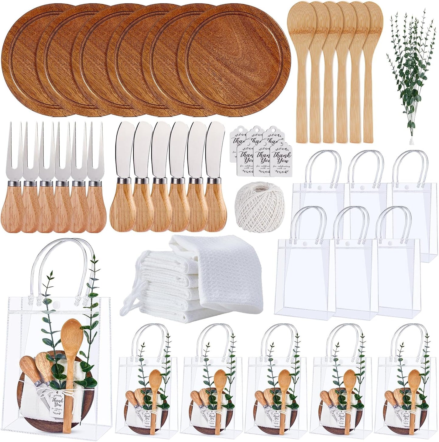 55Pcs Baby Shower Prizes for Game Winners 6 Sets Cheese Board Spoon Fork Butter Spreaders Plaid Towel Thank You Card and Gift Bags for Baby Shower Wedding Bridal Shower Favors (Round Shaped)