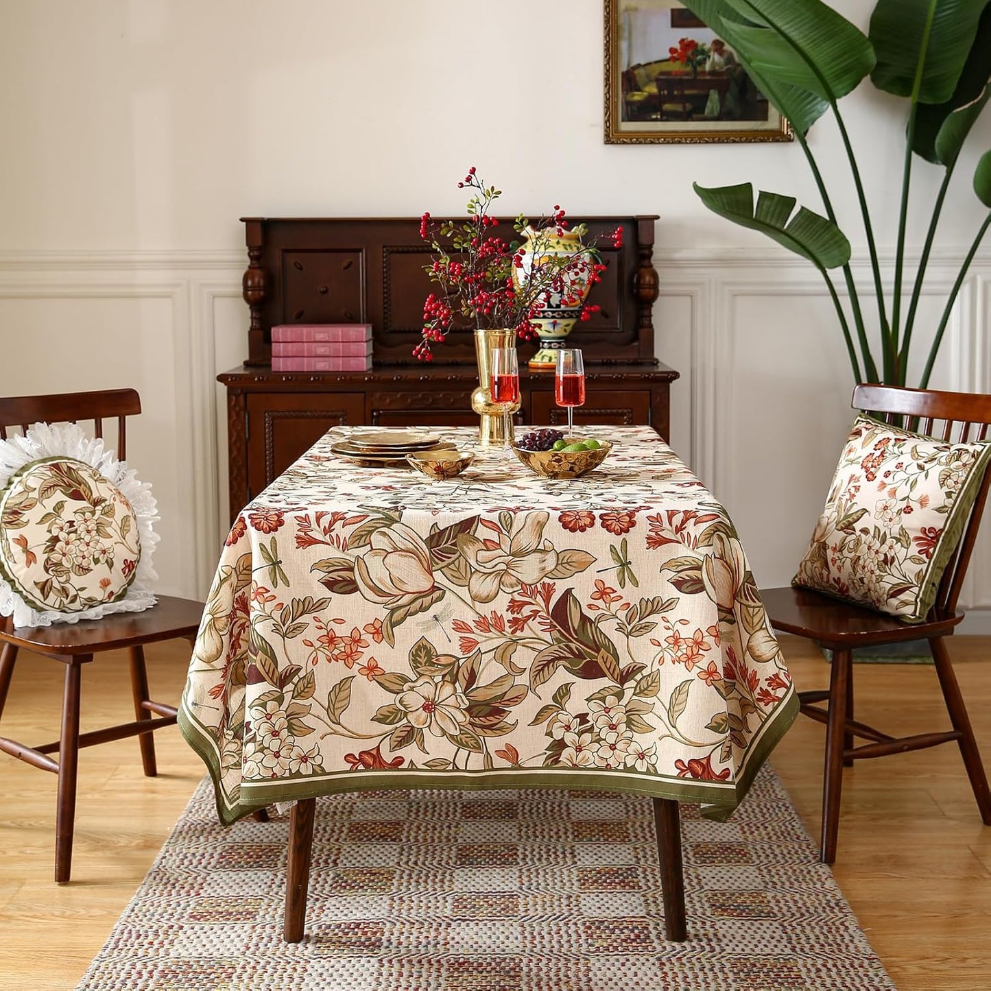 ISAENNE Designer Bohemian Linen Extra Long Tablecloth Rectangle,Colorful Floral Pattern Table Cloth,Wrinkle Resistant Decorative Tablecloths for Dining Thanksgiving Kitchen,67"*118"-Grace A