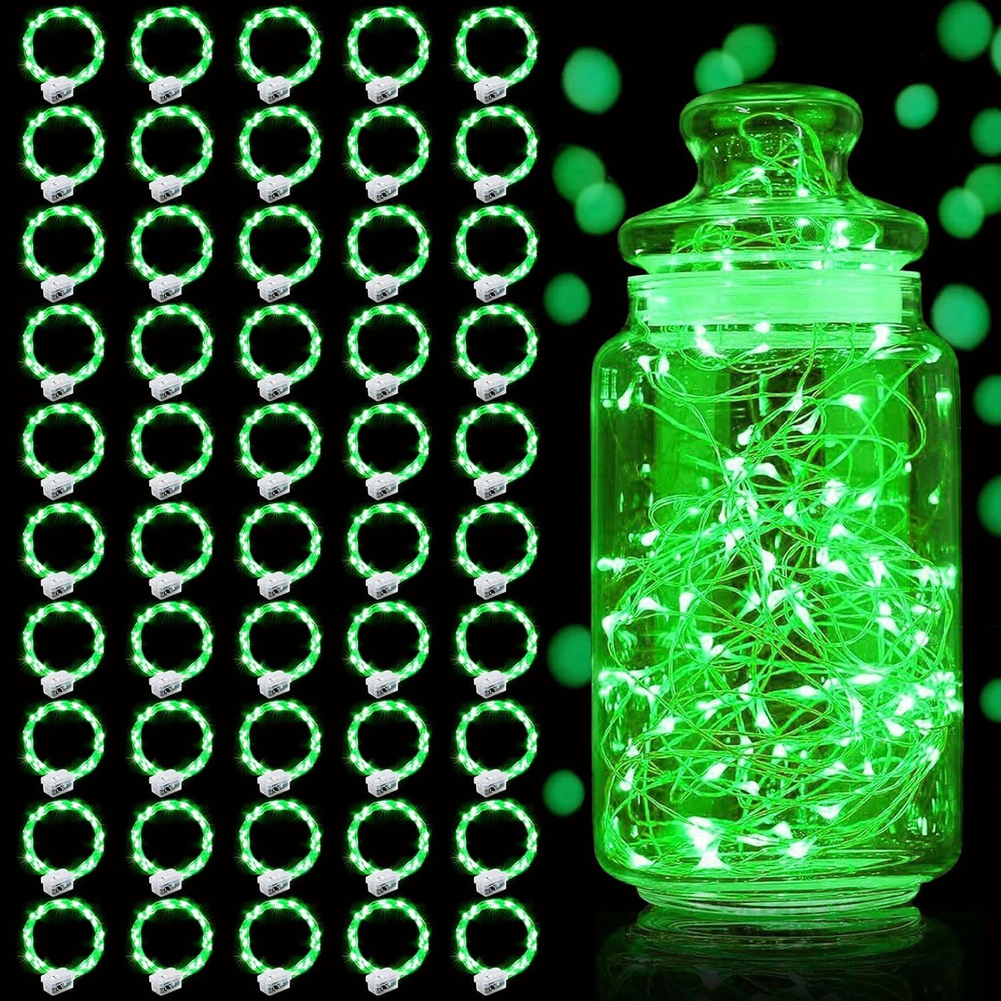 Aogist 50 Pack Fairy Lights 3 Modes 7ft 20 LED Waterproof,Battery Operated Silver Wire Firefly Starry Moon Mini String Lights for Mason Jars Christmas DIY Crafts Wedding Party Bedroom,Green