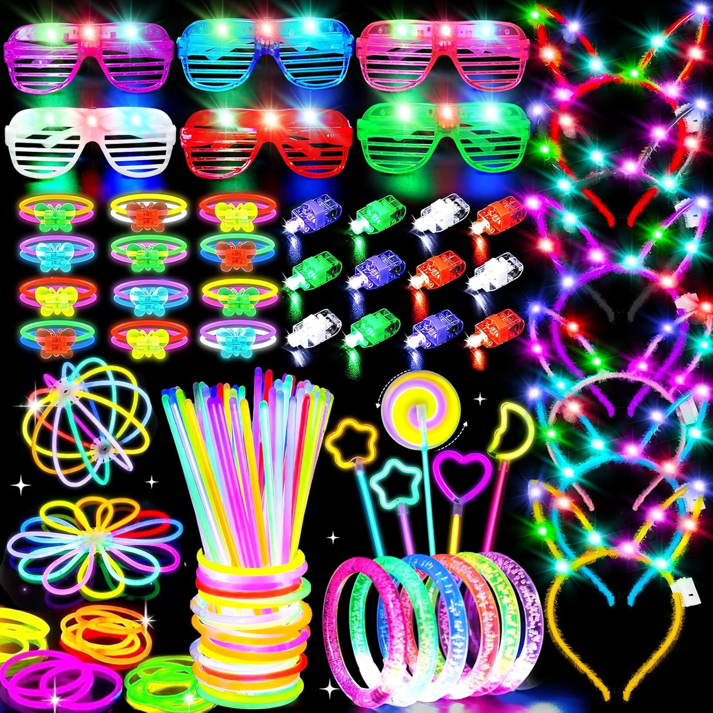 156PCS Glow in The Dark Party Supplies for Kid/Adults, Christmas LED Light Up Toys with 100 Glow Sticks Bulk Party Pack Glasses Headband Bracelet Necklaces New Year Eve Party Favors Neon Accessories