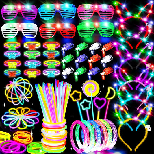 156PCS Glow in The Dark Party Supplies for Kid/Adults, Christmas LED Light Up Toys with 100 Glow Sticks Bulk Party Pack Glasses Headband Bracelet Necklaces New Year Eve Party Favors Neon Accessories