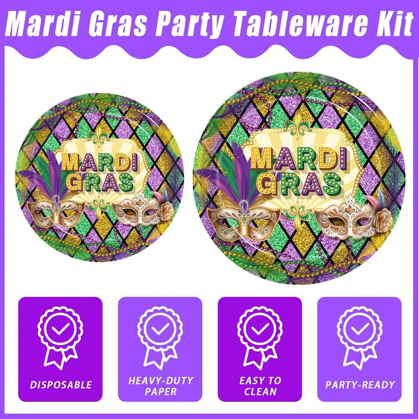 96 Pcs Mardi Gras Party Supplies Masquerade Mask Paper Plates Napkins Set Disposable Dinnerware Tableware for New Orleans Party, Serves 24