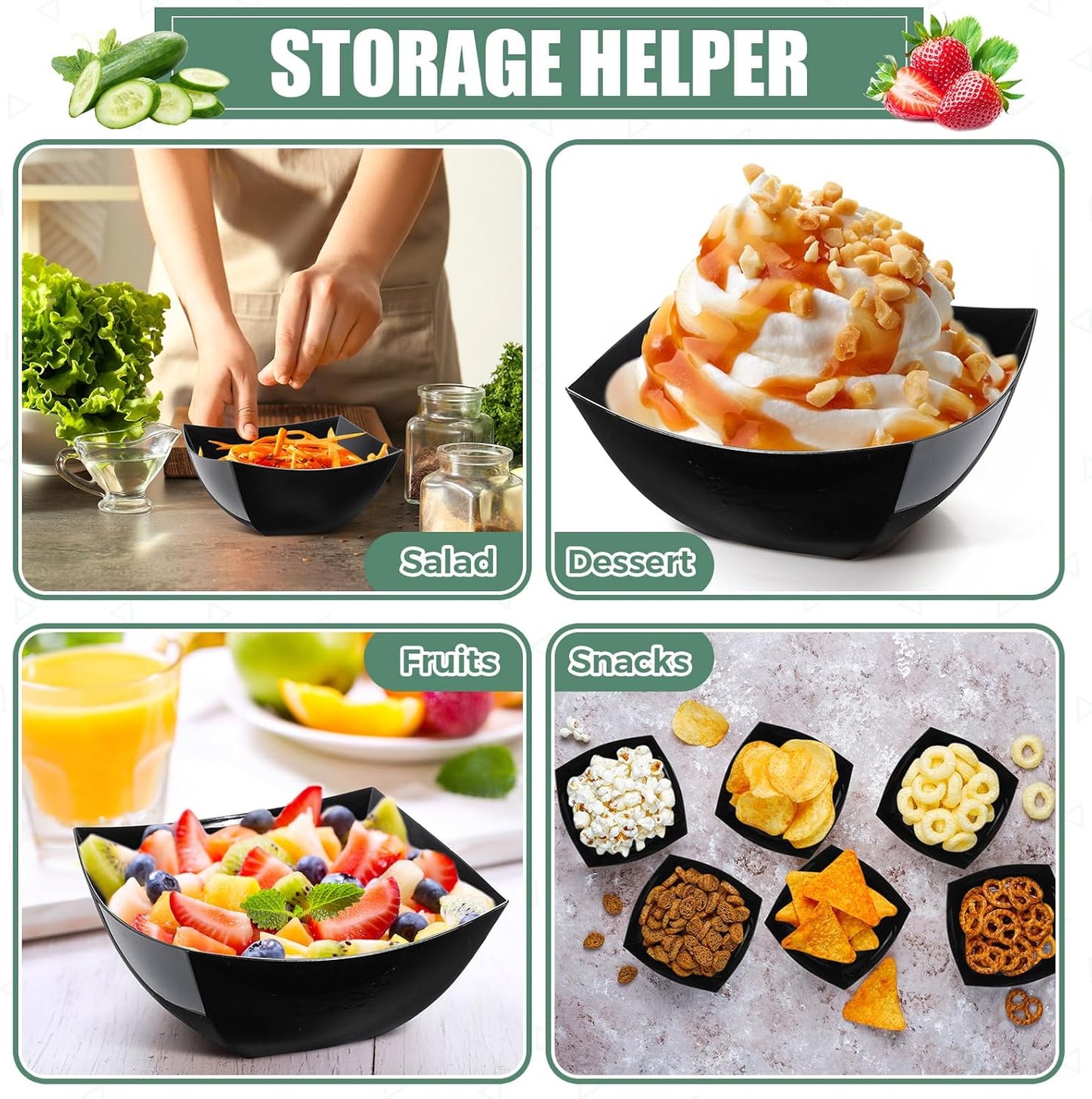 Tanlade 50 Pcs Square Plastic Serving Bowls Disposable Snack Salad Bowl Small Party Candy Bar Containers Taco Bar Serving Dishes for Buffet Chips Fruit(Black,8 oz)