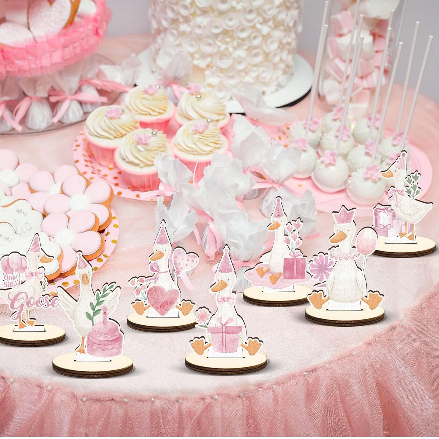 16 Pcs Wooden Baby Shower Table Centerpiece Pink One Silly Goose Tabletop Detachable Sign It's A Girl Gender Reveal Table Toppers Display Decoration 1st Birthday Photo Props Party Favor Supplies