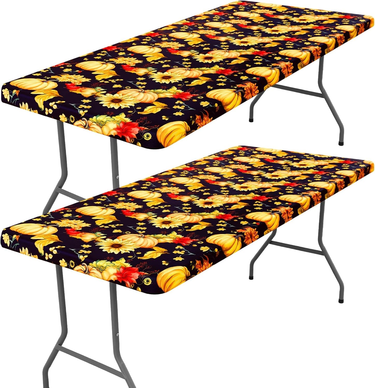 Spandex 6 Foot Rectangle Thanksgiving Table Cloth 2 Pack, Elastic Fitted Tablecloths for Picnic, Stretch Washable Patio Table Cover for Autumn Harvest Parties (Pumpkin Sunflower, 30"x72")