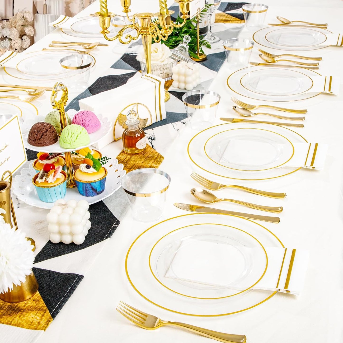 SUT 350Pcs Plastic Dinnerware Set for 50 Guests, Clear and Gold Plastic Plates, Disposable Plates and Napkins Party Supplies, Gold Silverware, Plates, Cups and Napkins Sets for Party Weddings