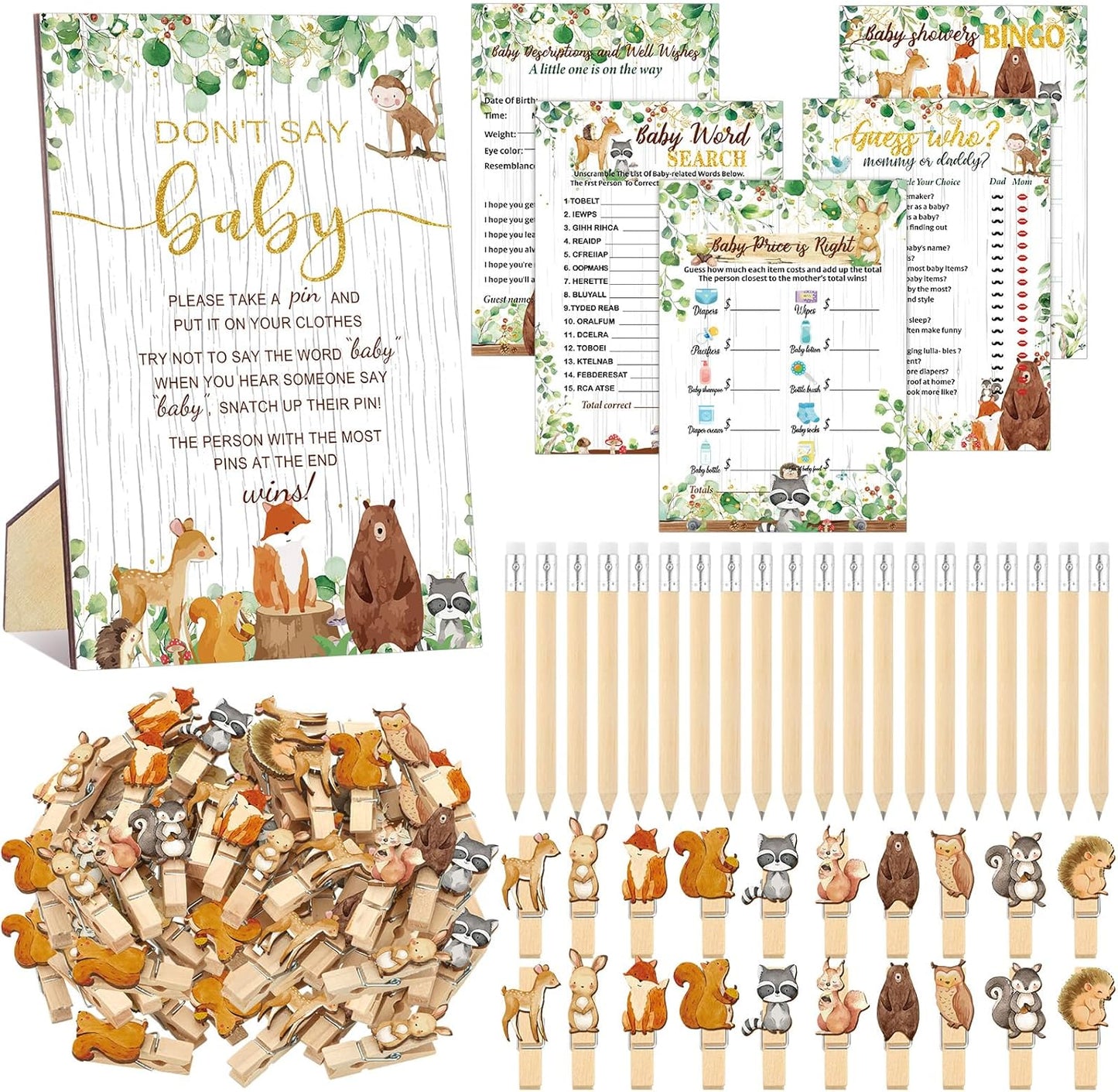 Patelai 321 Pcs Woodland Animal Baby Shower Game Supply for Girl or Boy 5 Set Include 50 Activity Card 20 Pencil 1 Don't Say Baby Sign 50 Clothespin for Price Is Right Prediction Bingo Party Decor