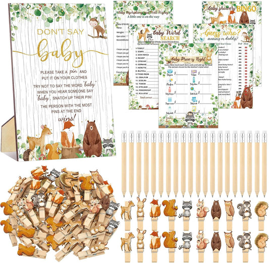 Patelai 321 Pcs Woodland Animal Baby Shower Game Supply for Girl or Boy 5 Set Include 50 Activity Card 20 Pencil 1 Don't Say Baby Sign 50 Clothespin for Price Is Right Prediction Bingo Party Decor