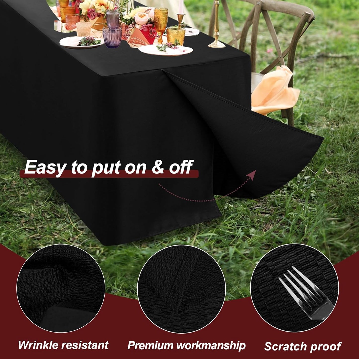 HolidayIdeas 2 Pack Fitted Table Covers Rectangle - 96 x 30 Inch - Black Linen Textured Tablecloths for 8 Foot Tables, Fabric Tableclothes for Party, Wedding, Trade Show