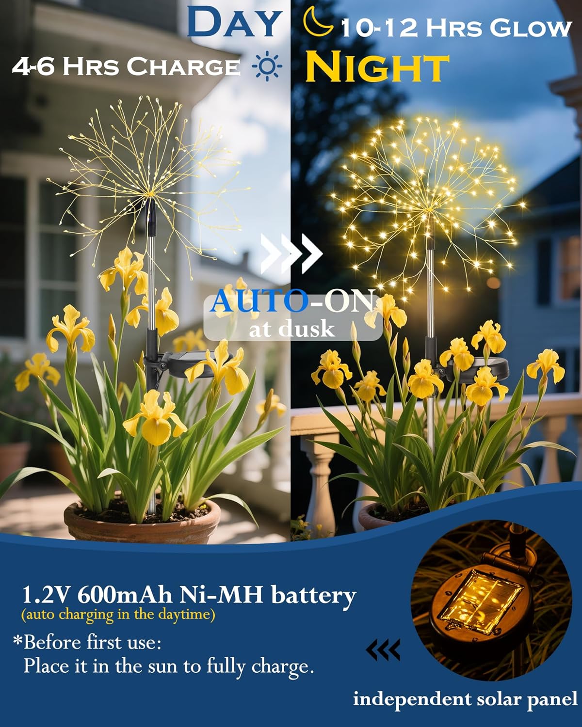 Solar Garden Lights Outdoor Yard Decorations, 2 Pack 150Leds Pathway Lights Stake, Fairy Firework Light for Garden, Patio, Pathway, Flowerbed Gold Color