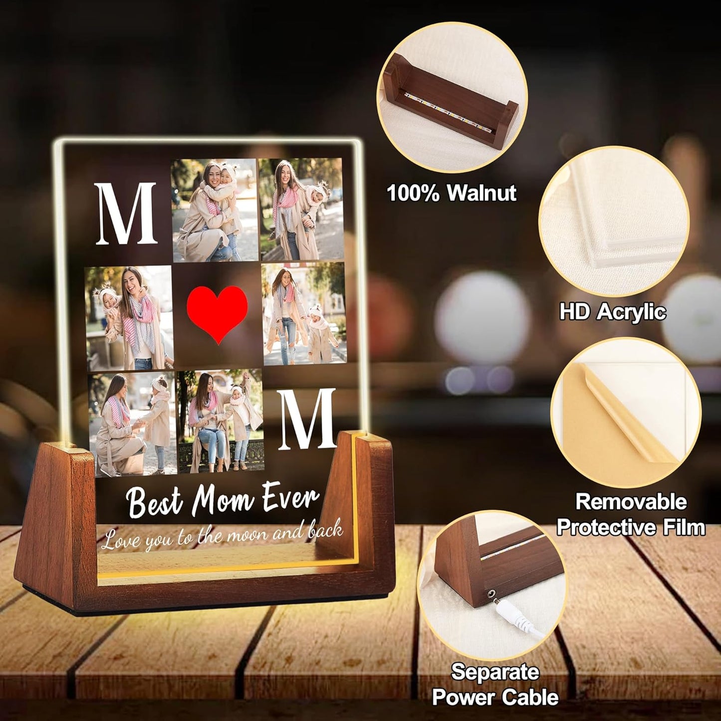 Personalized Mothers Day Birthday Gifts For Mom, Custom Best Mom Ever Gifts From Daughter Son Husband, Customized LED Plaque Picture Frame With Photo Name For Mama Grandma Wife Women Christmas Gift