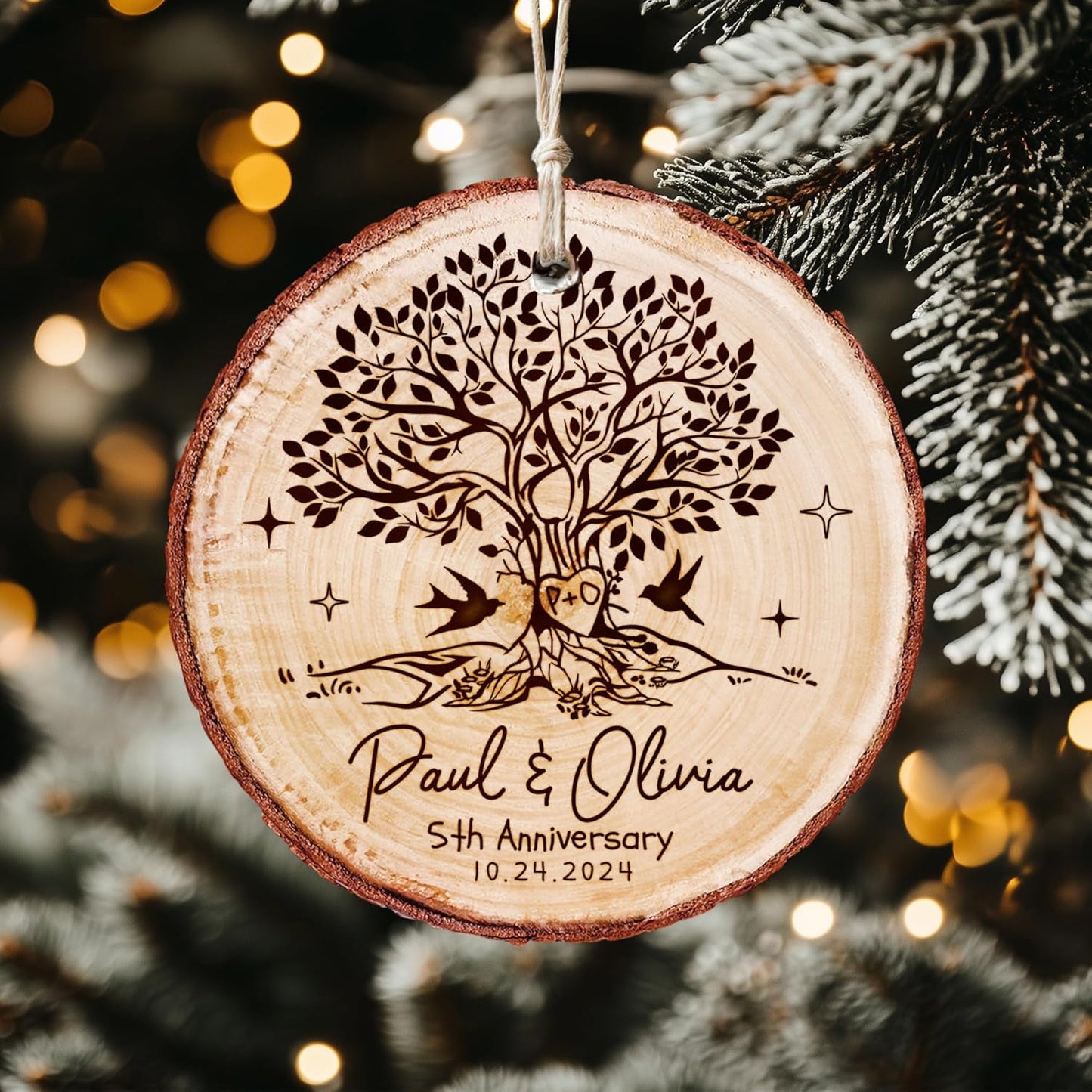 Personalized 5th Anniversary Wooden Ornament - 5 Year Anniversary Wedding Gifts for Couples, 5th Wedding Keepsake for Christmas Decoration