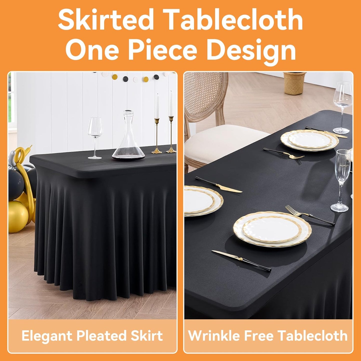2 Pack Black Fitted Spandex Table Cloth Rectangle 8ft, Wrinkle Free High-Stretch Skirted Tablecloths for 8 Foot Rectangle Tables, Decor Parties Weddings Birthday Banquet Spandex Table Cloths Cover