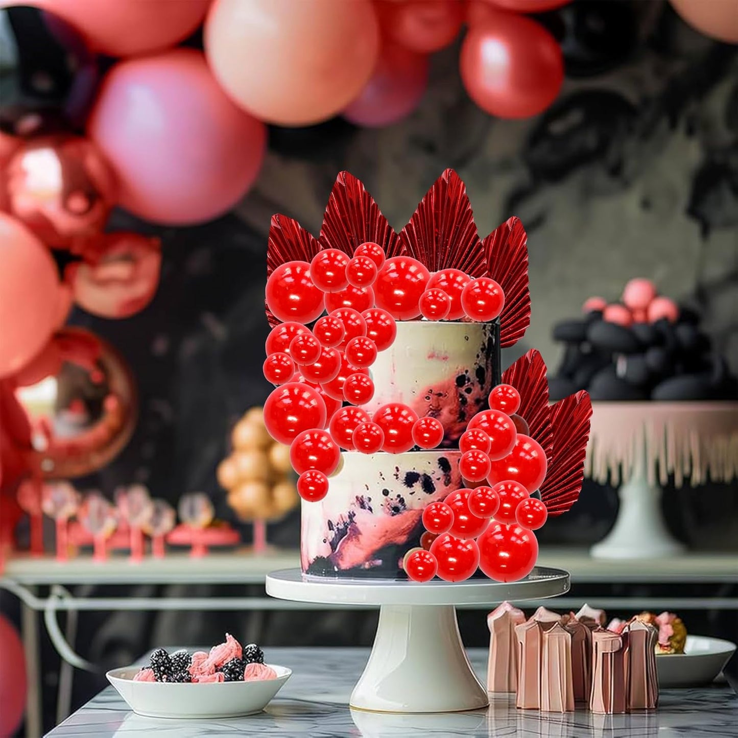 Ephlyn 28Pcs Paper Palm Fan Cake Topper Balls Cake Pick for Baby Shower Wedding Bridal Shower Birthday Party Cake Decorations Supplies Red