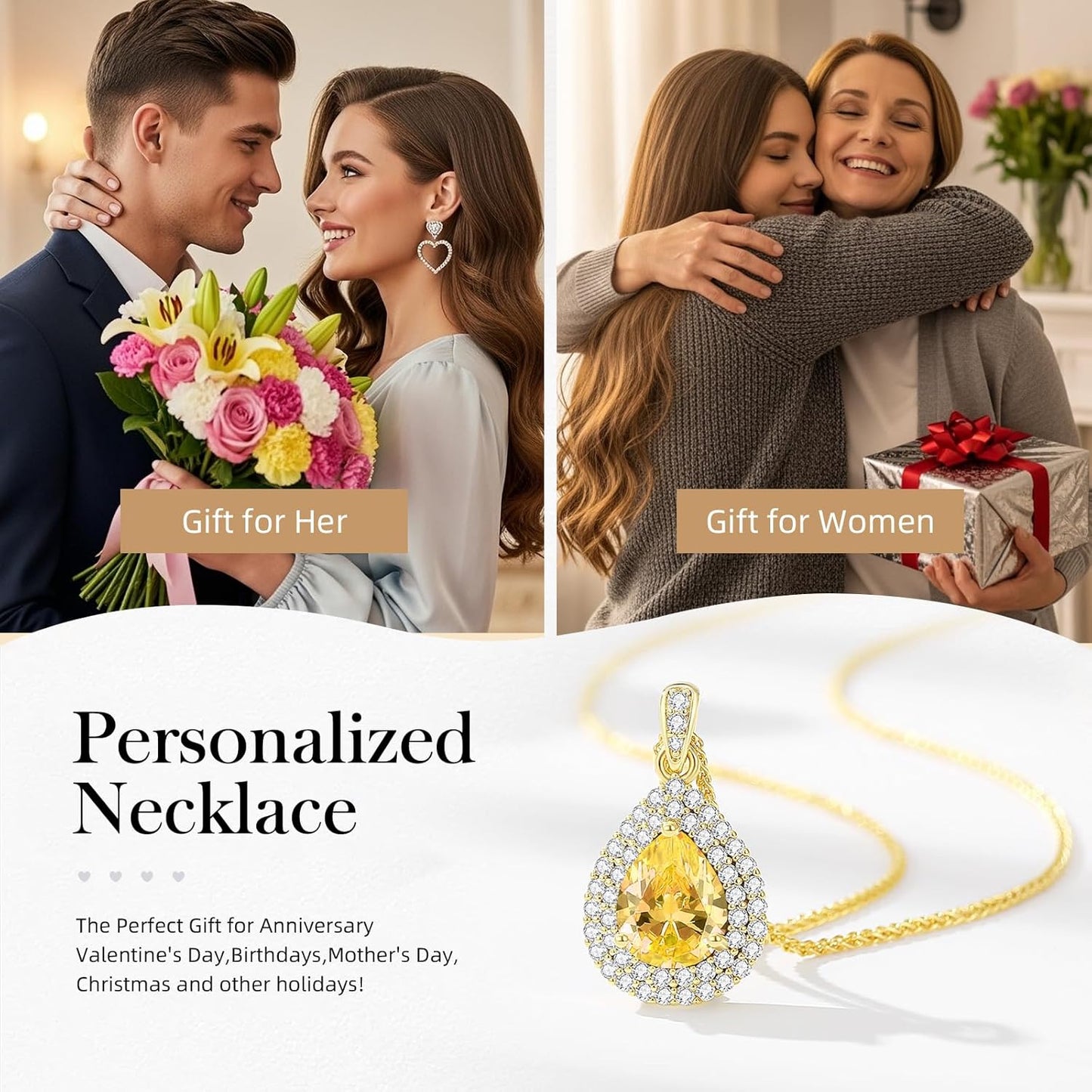 Gold Necklace for Women-Teardrop Birthstone Pendant-18K Gold Plated Chain with Light-Up Gift Box, Jewelry for Women,Anniversary Birthday Gifts for Her Wife Girlfriend Mom,Womens Jewelry