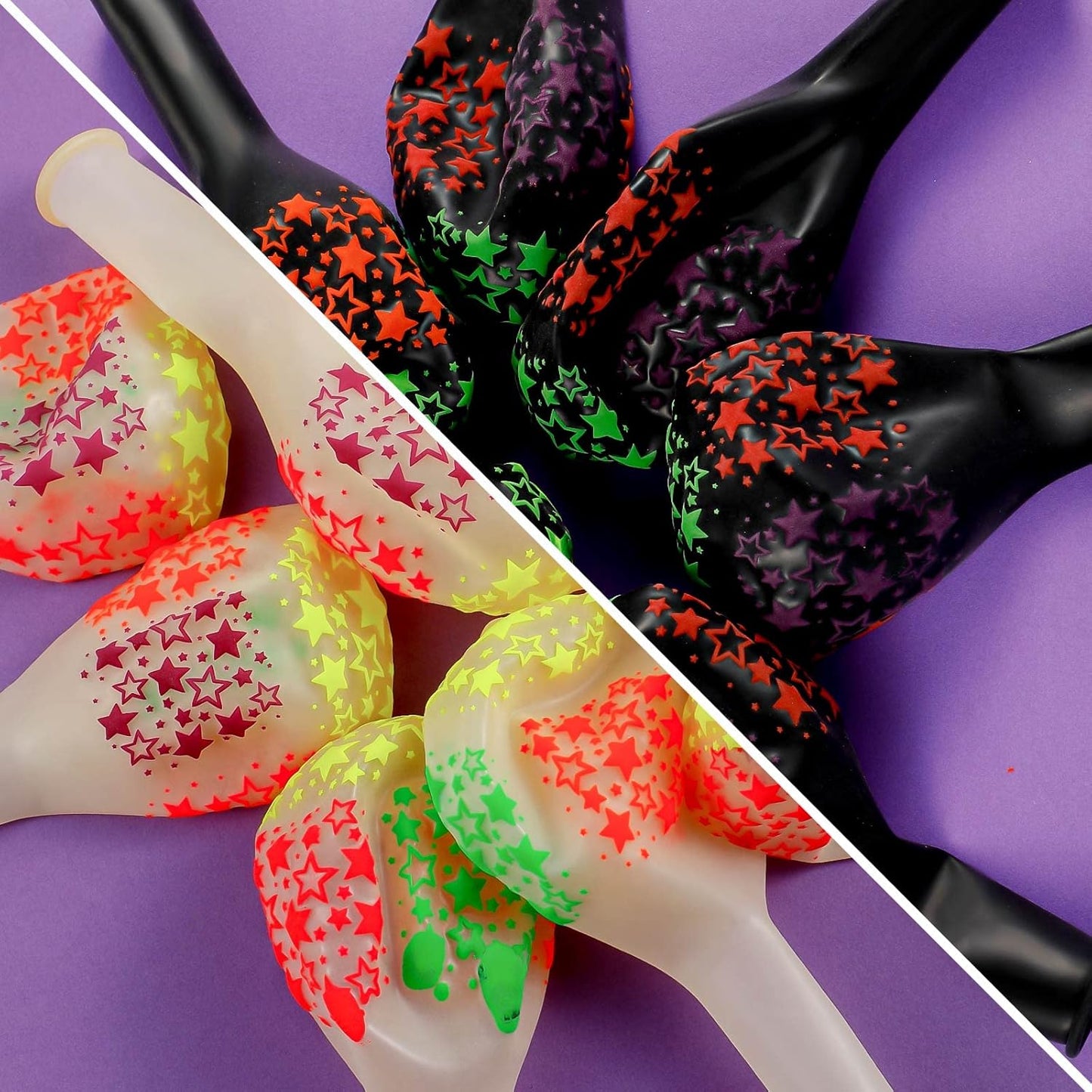 32 Pcs Glow in The Dark Party Supplies Christmas Neon Party Favors with 25 Fluorescent Balloon 6 Rolls 98.4 ft UV Blacklight Luminous Tape 14.4 ft Neon Streamer Garland for Adults(Bright Star)