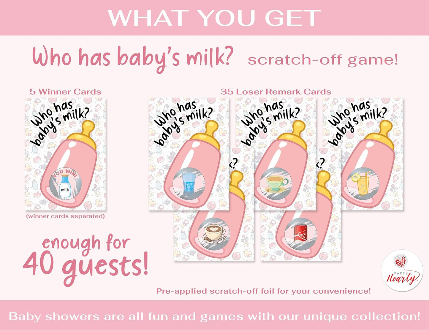Party Hearty Baby Shower Games for Girl, 40 Emoji Scratch Off Lottery Tickets, Baby Games Ideas, Scratch Off Game, Pink