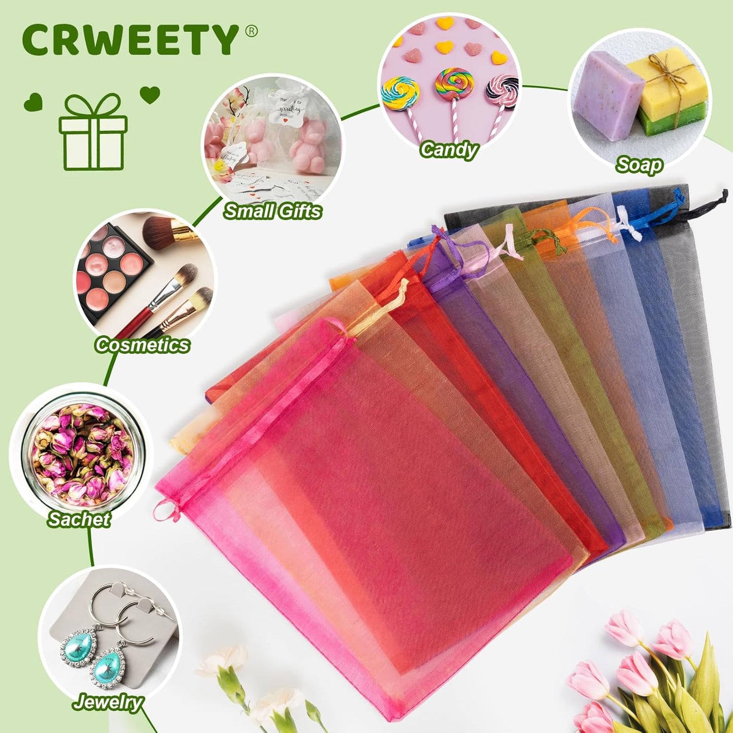 Crweety 50 Pcs 6x9 Inch Green Organza Bags, Small Mesh Bags Drawstring for Gifts, Elegant Jewelry Pouches for Wedding Favor, Spring Party Favor & Christmas St. Patrick's Day Decor