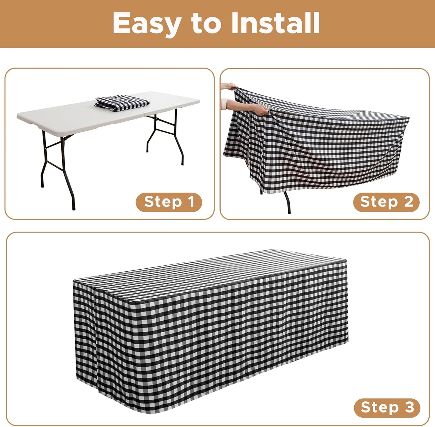 HolidayIdeas Fitted Checkered Tablecloths for 6 Foot Tables - 72 x 30 Inch - 2 Pack Rectangle Tableclothes Buffalo Plaid Table Cover for Parties, Picnic, Trade Show (Black and White)