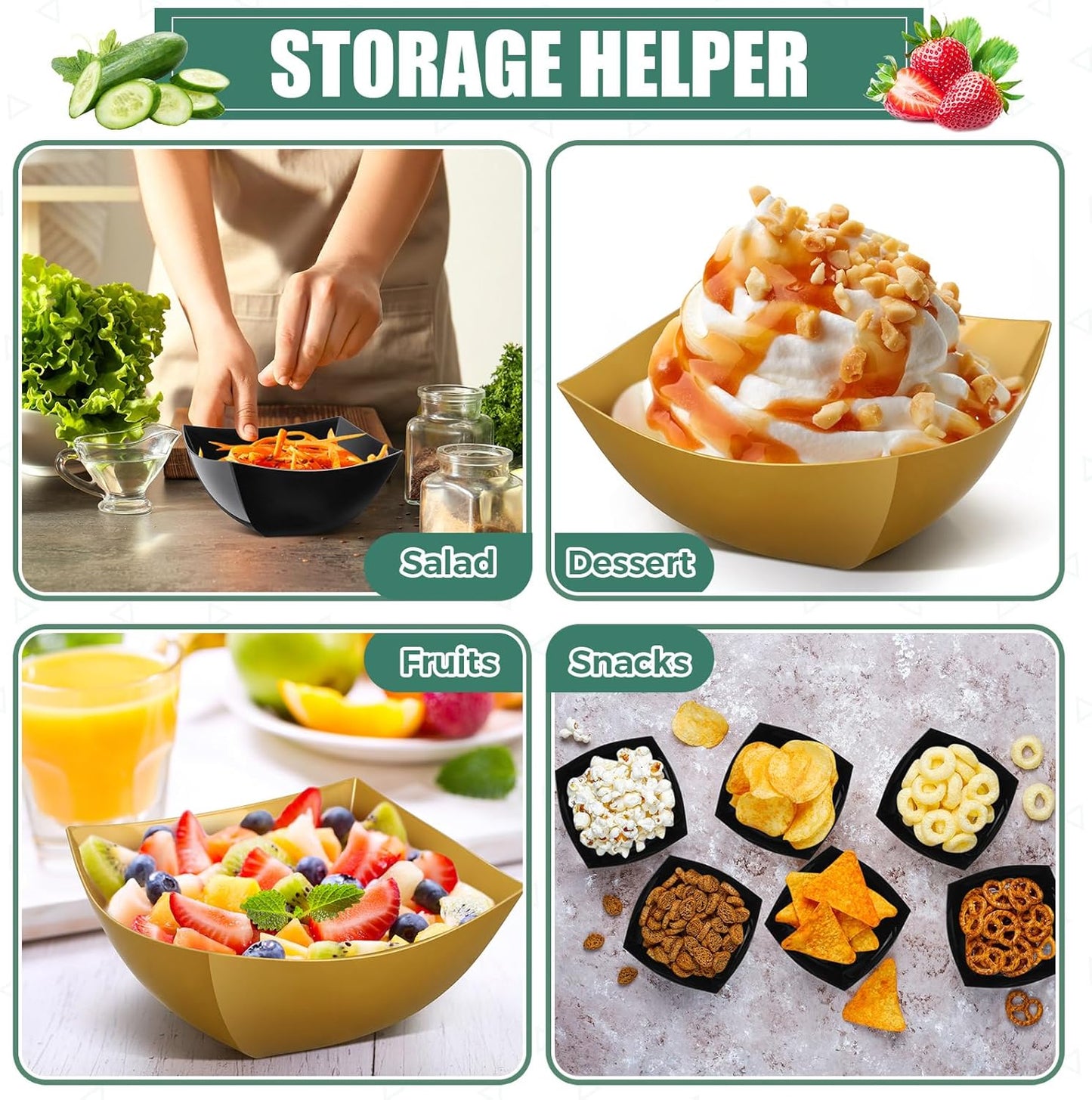 Tanlade 50 Pcs Square Plastic Serving Bowls Disposable Snack Salad Bowl Small Party Candy Bar Containers Taco Bar Serving Dishes for Buffet Chips Fruit (8 oz,Black, Gold)